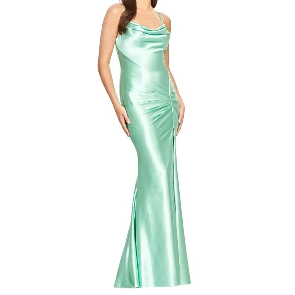 Faviana Stretch Satin Cowl Neck Lace-up Back Gown Mint Green Size 00 NWT - Picture 2 of 3